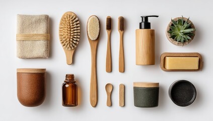 Sustainable bathroom essentials laid out on a white background.  Wooden brushes,  toothbrushes, soap dispenser,  and other eco-friendly items