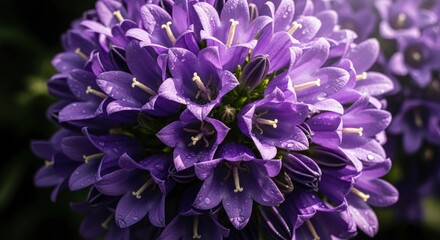 Stunning close-up of vibrant purple bellflowers adorned with glistening water droplets, showcasing their delicate petals and intricate beauty in natural light.