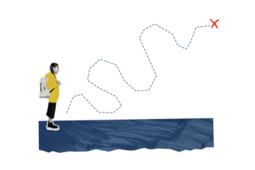 Composite photo collage of excited girl tourist prepare travel backpack path destination dotted line goal isolated on painted background