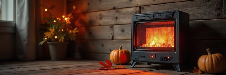 Warm Glowing Electric Heater Against Rustic Wooden Wall Cozy Autumn Home Ambiance