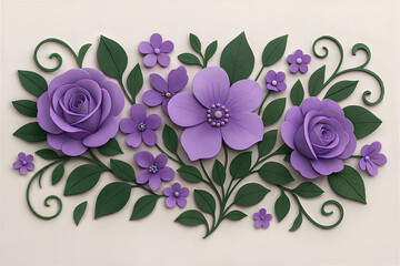 Delicate purple floral arrangement featuring roses and lush greenery white background