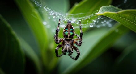Macro shot of a vibrant jumping spider with iridescent markings, suspended from a delicate, dew-covered spiderweb against a soft green background. Intricate details of nature's beauty.