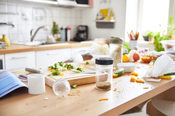 Messy kitchen counter shows dirty dishes and food scraps.