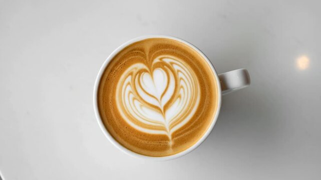 Overhead shot of latte in cup with heart foam art, centered, marble table, clean stock photo style.
