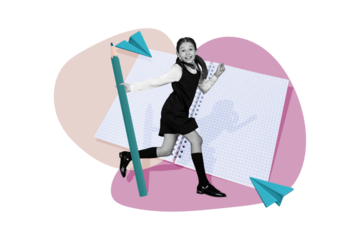 Composite photo collage of happy schoolgirl hold pencil art primary school subject open notepad paper plane isolated on painted background