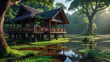 Fototapeta premium Twilight Fern Lodge - Classic Houses in the wilderness invites you to experience peaceful seclusion, blending rustic elegance with the enchanting calm of forests bathed in twilight glow