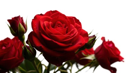 Vibrant red roses and buds, glistening with delicate water droplets, stand out against a pristine white background, symbolizing love, beauty, and freshness.