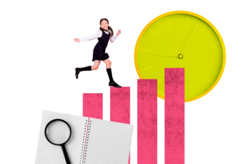 Composite trend artwork 3D sketch image photo collage of school age girl run stats huge clock time deadline copybook page loupe glass zoom