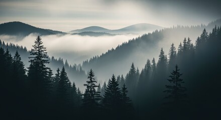 Obraz premium Misty mountain landscape with dense evergreen forests shrouded in thick fog, creating a serene and atmospheric natural scene with layers of hills and trees.