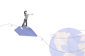 Composite trend artwork image photo collage of school age girl fly huge origami paper plane line route travel planet earth global world