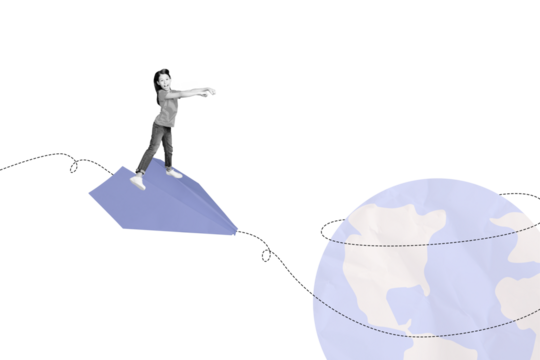 Composite trend artwork image photo collage of school age girl fly huge origami paper plane line route travel planet earth global world