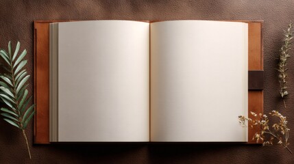 Open notebook with leather cover, blank pages, and dried flowers displaying writing space
