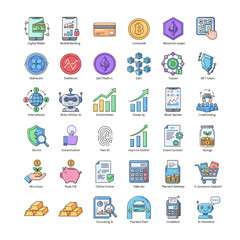 Modern finance icons set for digital banking, cryptocurrency, investment, and secure transactions
