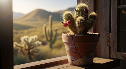 A spiky cactus with red fruits in a cracked terracotta pot sits on a wooden windowsill, overlooking a blurred desert landscape with mountains and other cacti under warm, natural light.