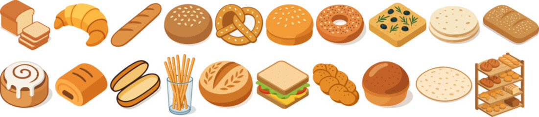 Isometric Style Assorted Bread and Baked Goods Pastries Variety Collection