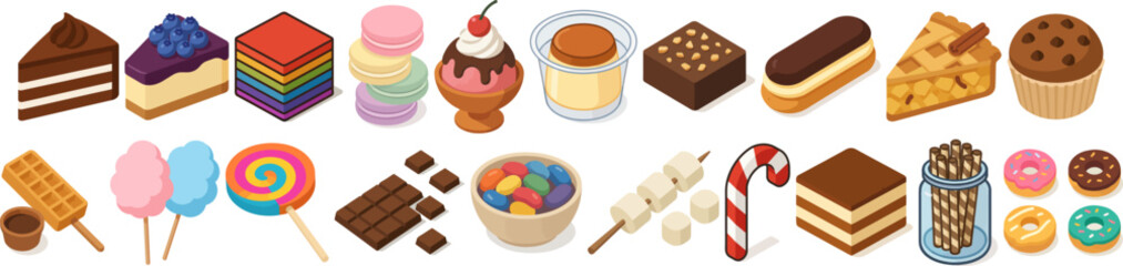 Isometric Sweet Dessert Collection of Delicious Candy and Bakery Items