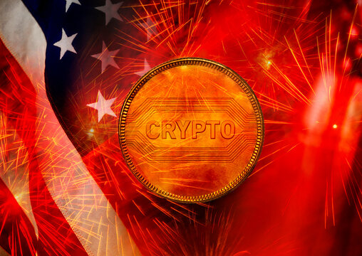 Bitcoin floating against fireworks and American flag
