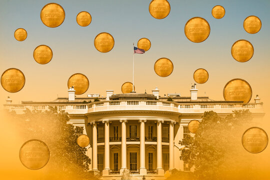 Golden crypto coins floating in sky above White House - Powered by Adobe