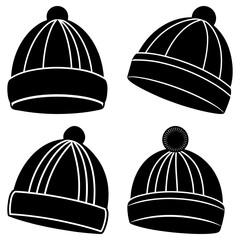 Fototapeta premium Four black winter hats with pom poms in varying orientations on a white background pattern design