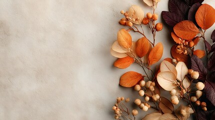 Dried flowers and berries creating autumnal flatlay on textured background