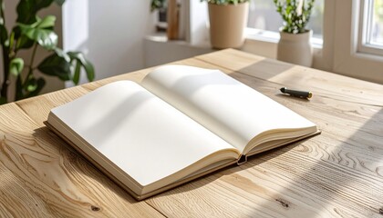 Open Blank Notebook on Wooden Desk with Plants in Natural Light, Ready for Writing