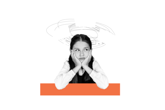 Composite trend artwork sketch image collage of monochrome speech cloud dialog conversion mind think school age small girl brainstorming