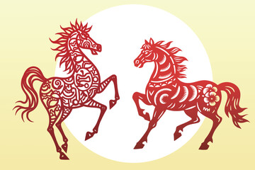 Chinese New Year Horses - Paper Cutout Illustration