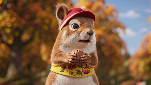 Cheerful cartoon squirrel in a hat holding a nut against the background of the autumn forest.