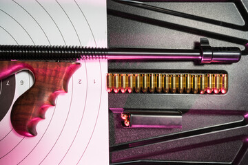 Historic automatic weapon and ammunition displayed on a target, ready for action, perfect for...