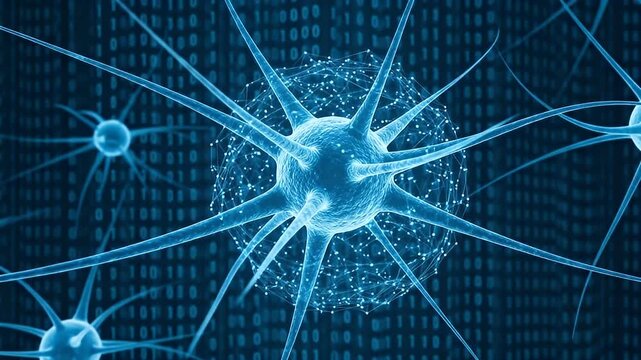 Detailed Blue Neuron Structures Overlaying Digital Binary Code Background