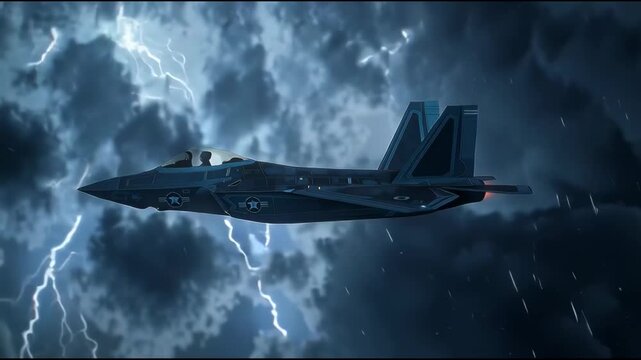 A military fighter jet soars through a stormy sky, with lightning flashing in the background.