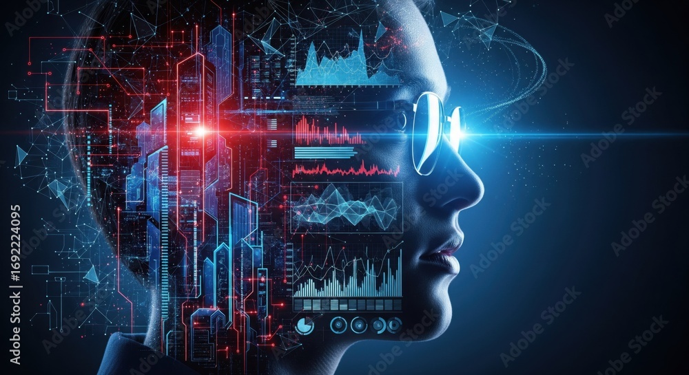 Aufkleber advanced intelligence profile: a futuristic humanoid portrait embellished with dynamic digital citys