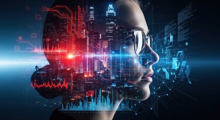 Advanced intelligence profile: a futuristic humanoid portrait embellished with dynamic digital cityscape and luminous data streams