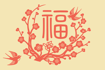 Chinese New Year Auspicious Symbol with Plum Blossom and Swallows