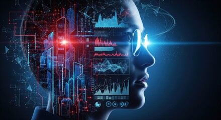 Advanced intelligence profile: a futuristic humanoid portrait embellished with dynamic digital cityscape and luminous data streams