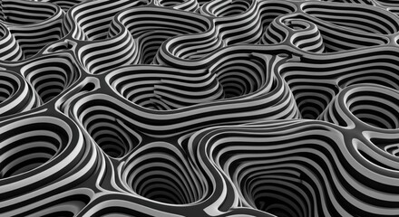 Obraz premium Monochromatic abstract swirls: hypnotic grayscale optical illusion with flowing labyrinthine curves