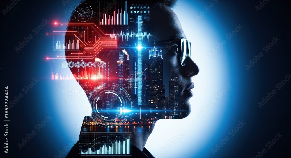 Aufkleber advanced intelligence profile: a futuristic humanoid portrait embellished with dynamic digital citys