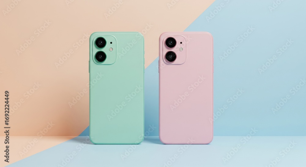 Aufkleber modern dynamic display presentation showcasing two sleek mobile devices in vibrant teal and soft pin