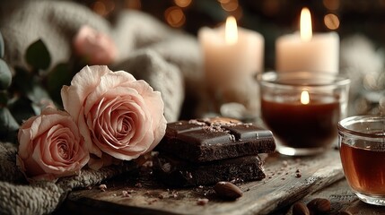 Cozy scene with roses, chocolate, and candles