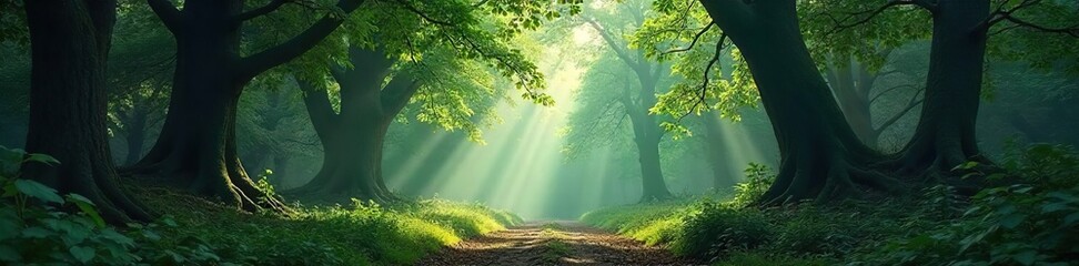 Deep shadows and dappled sunlight filter through a dense, ancient forest, creating a mystical and serene atmosphere The air is still, the leaves whisper secrets , nature, ground, untamed