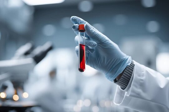 Laborant trzymający pr&oacute;b&oacute;wkę z krwią &ndash; badania medyczne w laboratorium