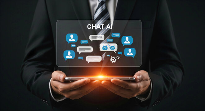 A professional man holds a tablet with a holographic display of a "Chat AI" conversation. Artificial intelligence, technology, communication, and business automation concepts.
