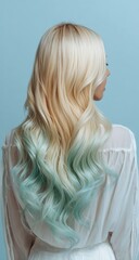 Naklejka premium Blonde hair with teal highlights, back view (1)