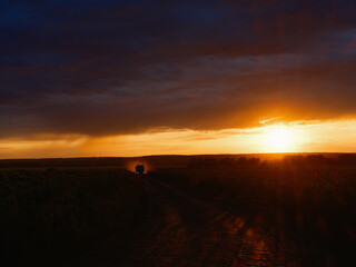 Car Driving on a Field Road at Sunset