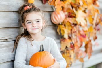 Fototapeta premium Cute toddler with pumpkins on rustic bench surrounded by autumn leaves