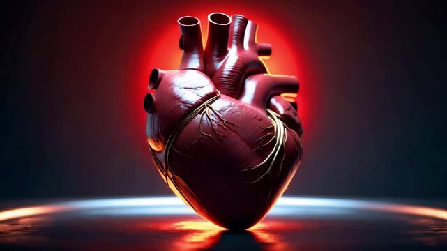 Artificial human heart model placed on dark glowing background with detailed realistic anatomical structure in focus