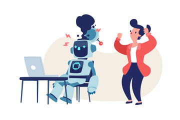 broken robot at office desk with panicked businesswoman behind