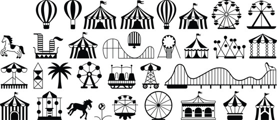 Amusement park elements, carnival tents, roller coasters, ferris wheels, hot air balloons, fair rides vector icons, festival illustration