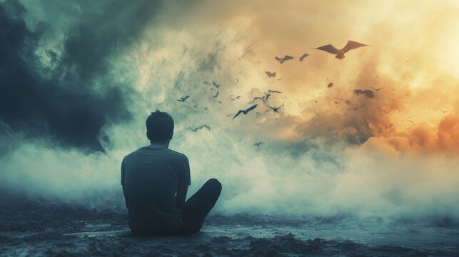 A lone man sits on a beach, gazing at a flock of birds flying against a stormy sky.