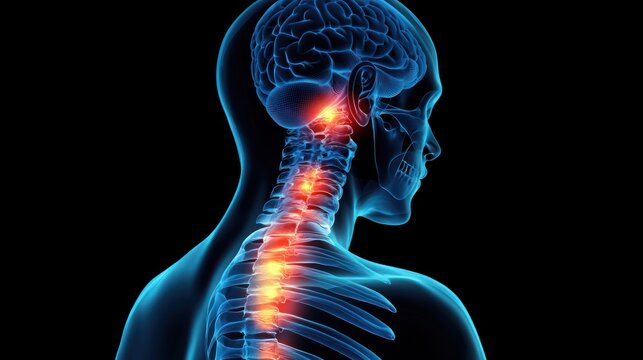 An anatomical illustration of the human spine and brain, highlighting neural pathways.